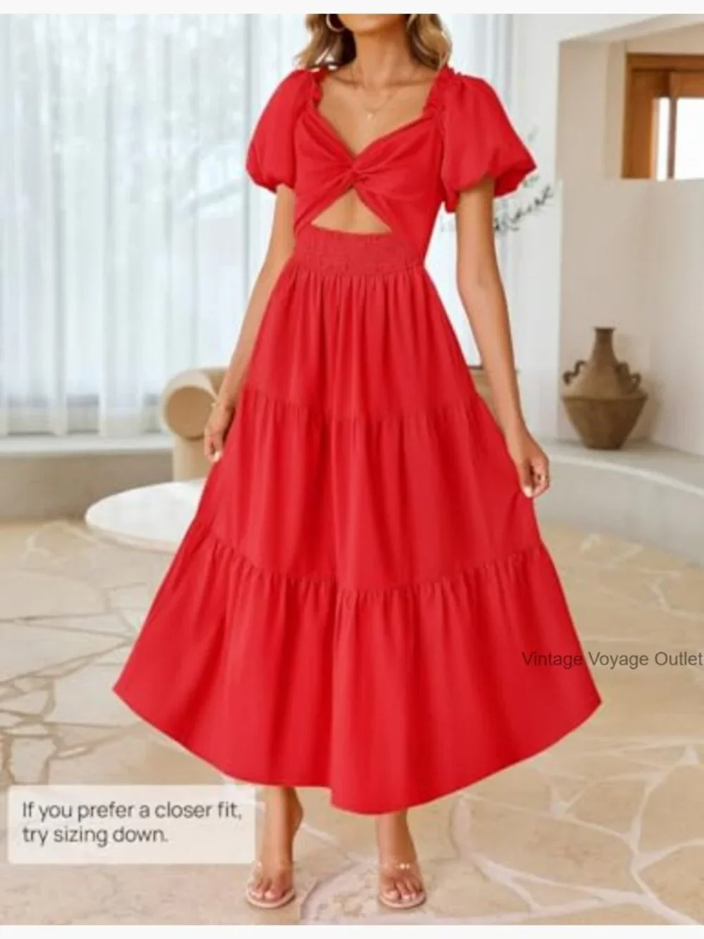 Flowy High Waist A-Line Maxi Dress with Short Puff Sleeves - Picture 4 of 7